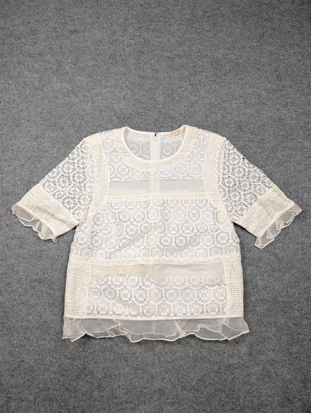 Rebecca Taylor Blouse Womens 2 White Lace Ruffle Short Sleeve Geometric Top